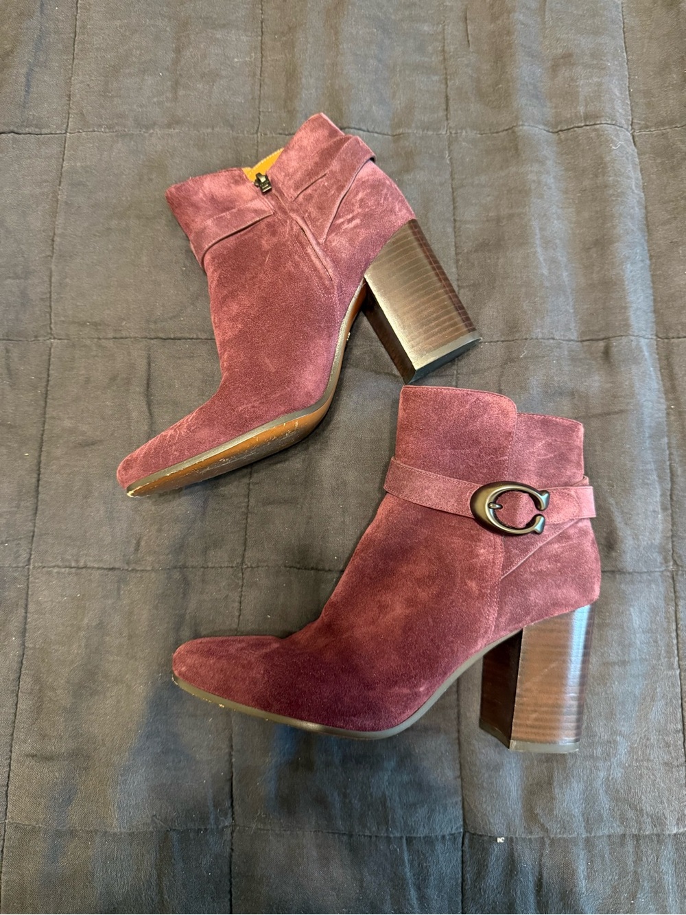 Coach Magenta Suede Delaney Block Heel Ankle Boots with Signature 'C' Accent